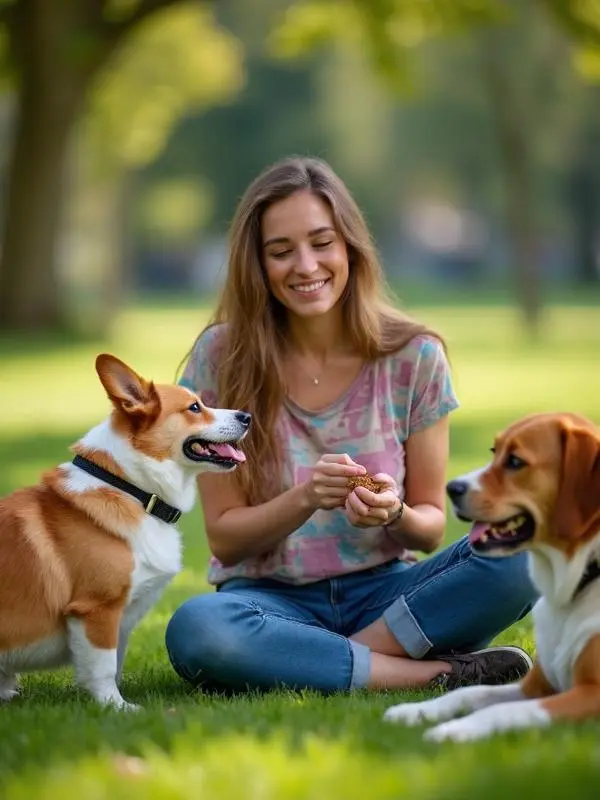 Awesome dog trainer having fun with adorable pups