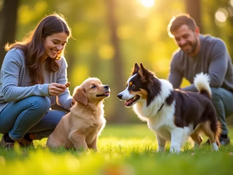 Happy families with their adorable trained dogs having fun
